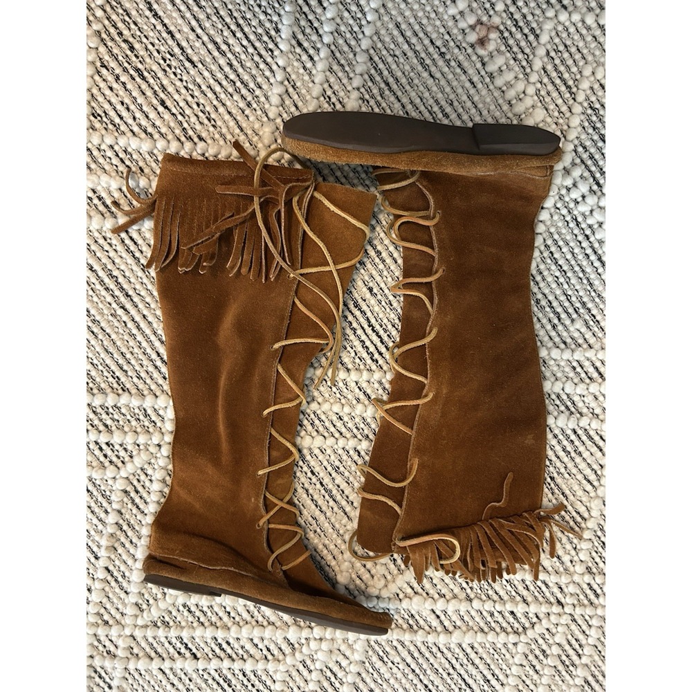 Minnetonka Knee High Suede Lace Up Fringe Moccasin Boots Women's 7